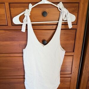 White Ribbed Tie-Strap Bodysuit | Size Medium